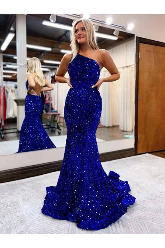 Bleu roi Sirène Balayage train Paillettes Velours Longue Robes de bal à Bas Prix