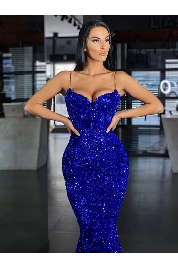 Bleu roi Sirène Bretelles spaghetti Balayage train Paillettes Velours Longue Robes de bal à Bas Prix