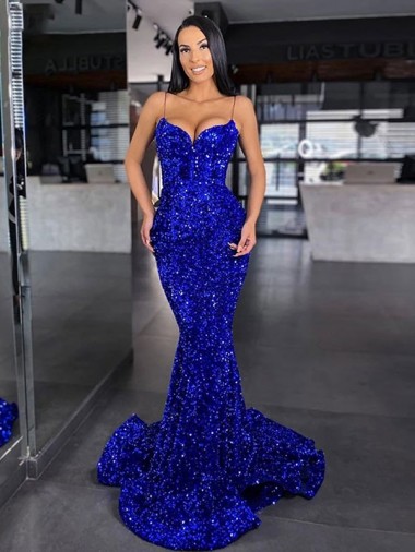 Bleu roi Sirène Bretelles spaghetti Balayage train Paillettes Velours Longue Robes de bal à Bas Prix