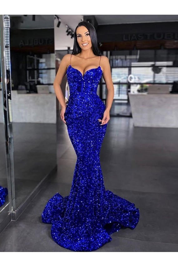 Bleu roi Sirène Bretelles spaghetti Balayage train Paillettes Velours Longue Robes de bal à Bas Prix