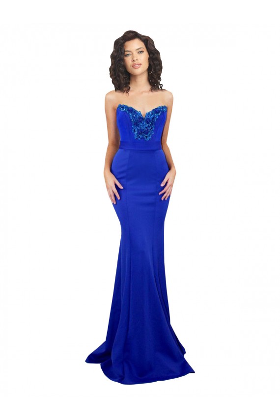 Bleu roi Sirène Col Haut Crêpe Stretch Longue Formelles Robes demoiselle d'honneur / Robes de soirée / Robes de bal à Bas Prix