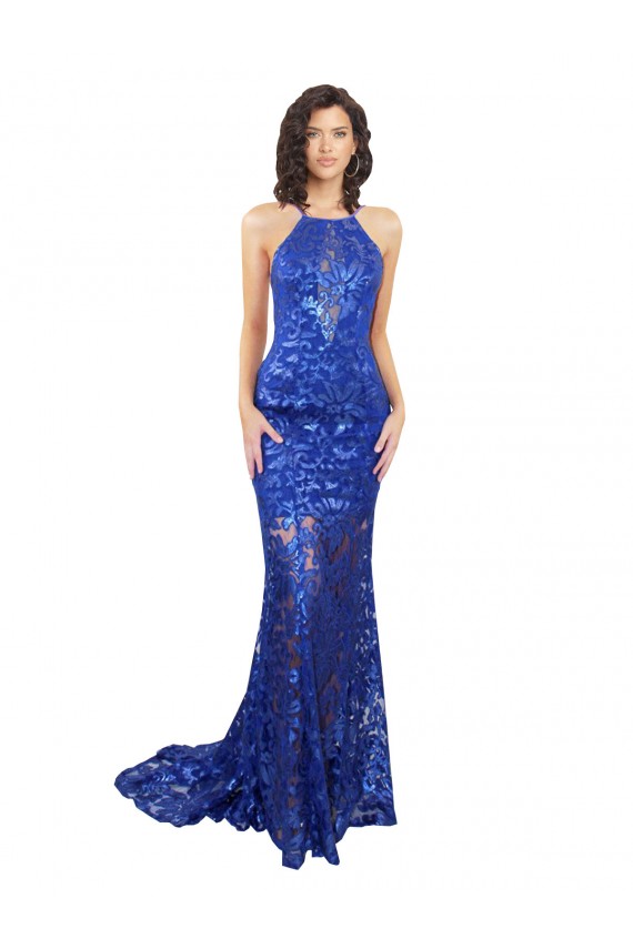 Bleu roi Sirène Col Haut Dentelle Longue Robes demoiselle d'honneur / Robes de bal à Bas Prix