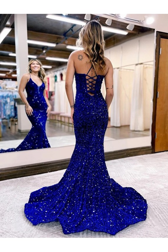 Bleu roi Sirène Col V Traîne moyenne Paillettes Velours Longue Robes de bal à Bas Prix