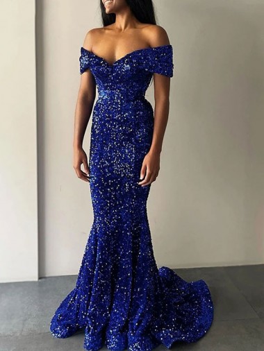 Bleu roi Sirène Épaule Dénudée Balayage train Paillettes Velours Longue Robes de bal à Bas Prix