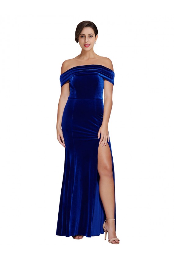 Bleu roi Sirène Épaule Dénudée Velours Stretch Longue Formelles Robes demoiselle d'honneur / Robes de soirée / Robes de bal à Bas Prix