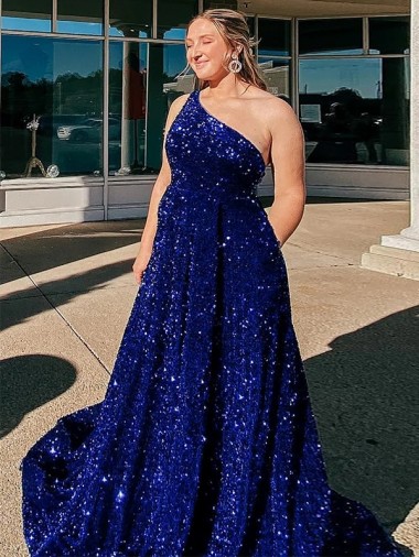 Bleu roi Trapèze Balayage train Paillettes Velours Longue Robes de bal à Bas Prix