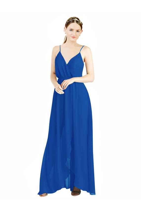 Bleu roi Trapèze Bretelles spaghetti Col V Mousseline Longue Robes demoiselle d'honneur à Bas Prix
