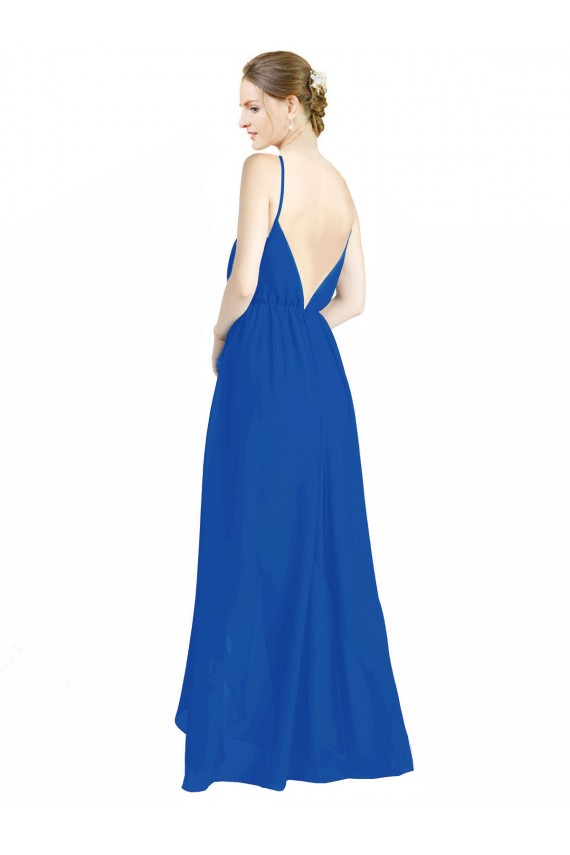 Bleu roi Trapèze Bretelles spaghetti Col V Mousseline Longue Robes demoiselle d'honneur à Bas Prix