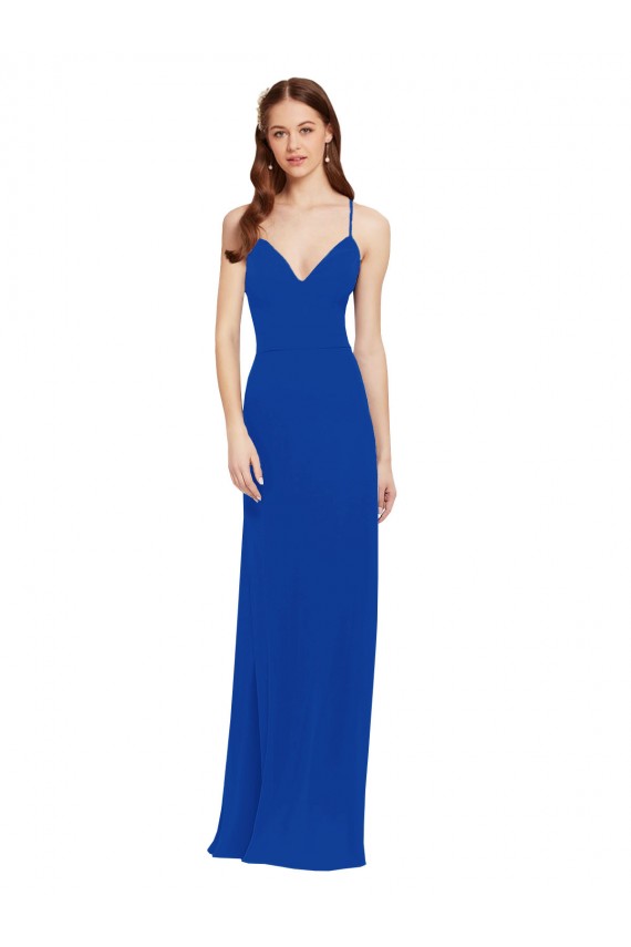 Bleu roi Trapèze Bretelles spaghetti Col V Mousseline Longue Robes demoiselle d'honneur à Bas Prix