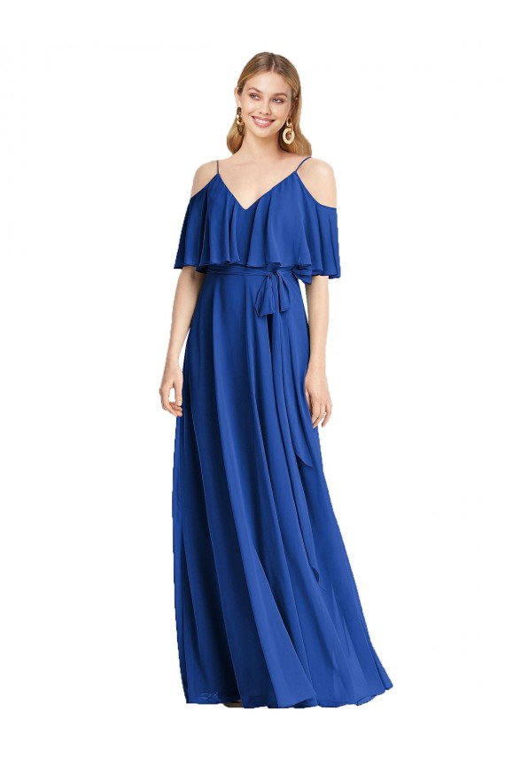 Bleu roi Trapèze Bretelles spaghetti Col V Mousseline Longue Robes demoiselle d'honneur à Bas Prix