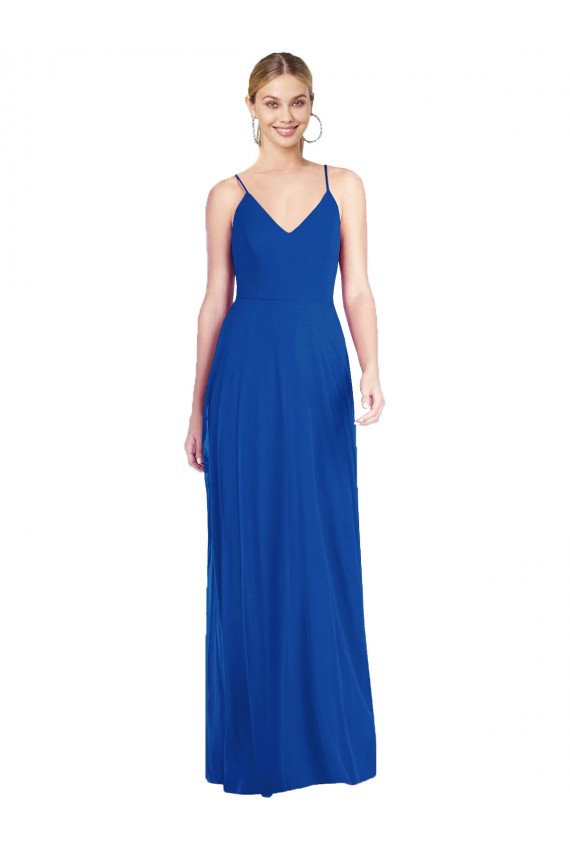 Bleu roi Trapèze Bretelles spaghetti Col V Mousseline Longue Robes demoiselle d'honneur à Bas Prix