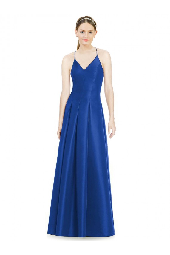 Bleu roi Trapèze Bretelles spaghetti Col V Satiné Longue Robes demoiselle d'honneur à Bas Prix