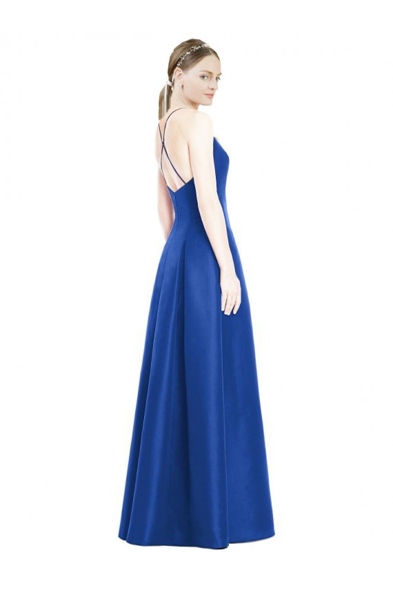 Bleu roi Trapèze Bretelles spaghetti Col V Satiné Longue Robes demoiselle d'honneur à Bas Prix