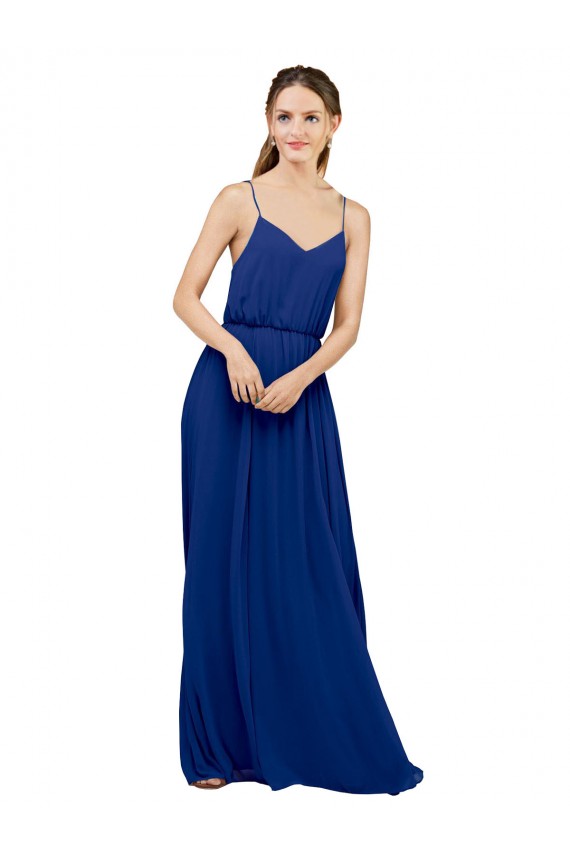 Bleu roi Trapèze Bretelles spaghetti Mousseline Longue Robes demoiselle d'honneur à Bas Prix
