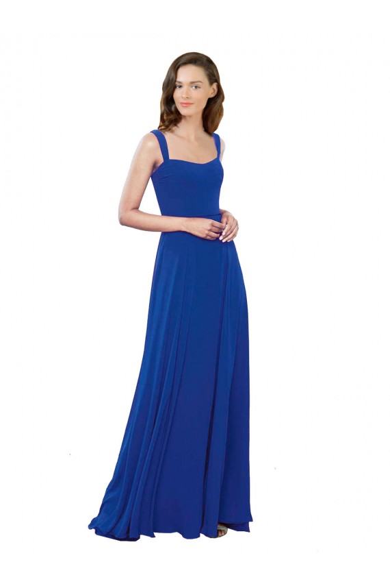 Bleu roi Trapèze Col Carré Mousseline Longue Robes demoiselle d'honneur à Bas Prix