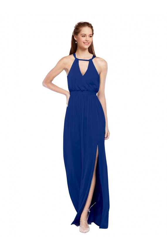Bleu roi Trapèze Col Haut Mousseline Longue Robes demoiselle d'honneur à Bas Prix