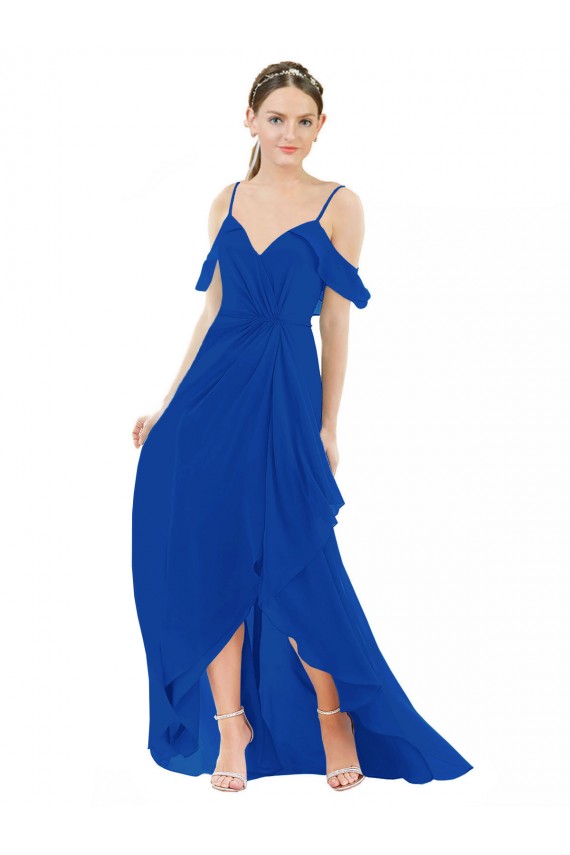 Bleu roi Trapèze Col V Mousseline Longue Asymétrique Robes demoiselle d'honneur à Bas Prix