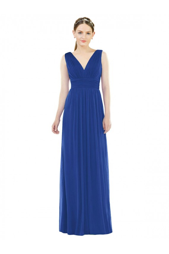 Bleu roi Trapèze Col V Mousseline Longue Robes demoiselle d'honneur à Bas Prix