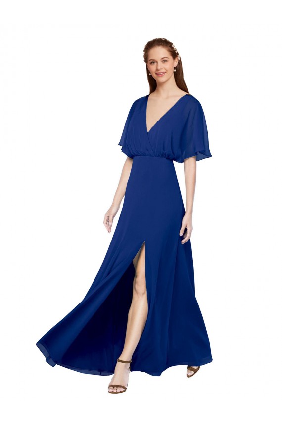 Bleu roi Trapèze Col V Mousseline Longue Robes demoiselle d'honneur à Bas Prix