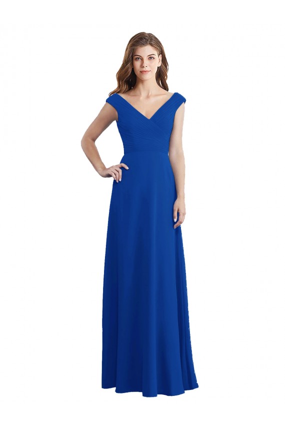 Bleu roi Trapèze Col V Mousseline Longue Robes demoiselle d'honneur à Bas Prix