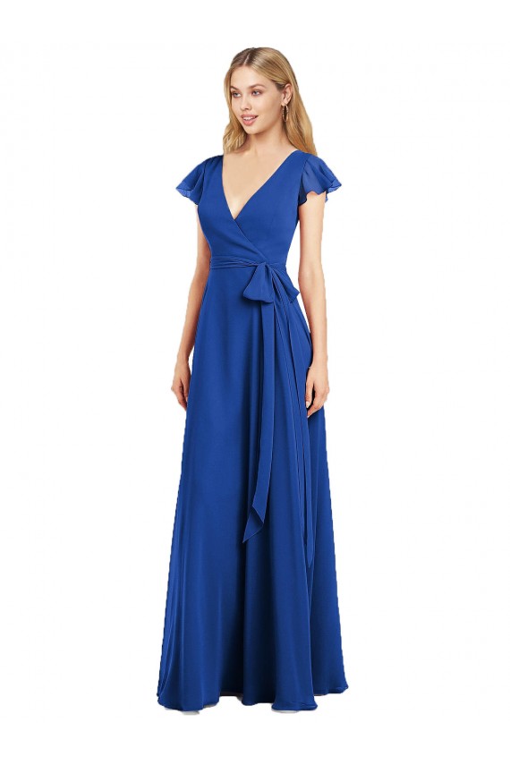 Bleu roi Trapèze Col V Mousseline Longue Robes demoiselle d'honneur à Bas Prix