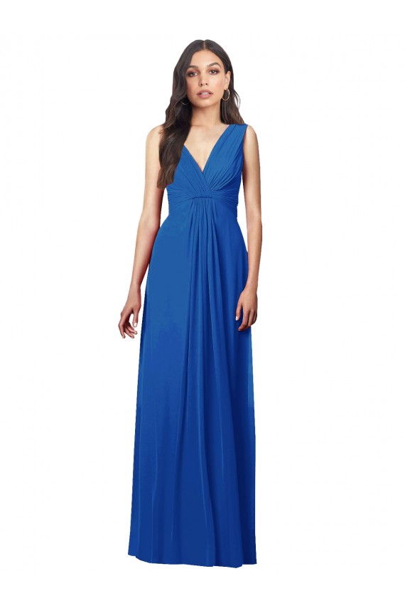 Bleu roi Trapèze Col V Mousseline Longue Robes demoiselle d'honneur à Bas Prix