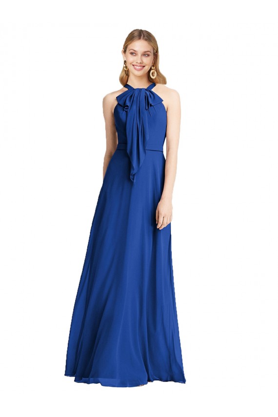 Bleu roi Trapèze Licou Mousseline Longue Robes demoiselle d'honneur à Bas Prix