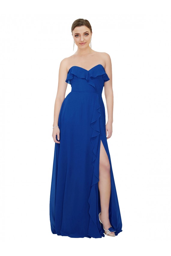 Bleu roi Trapèze Sans bretelle Mousseline Longue Robes demoiselle d'honneur à Bas Prix