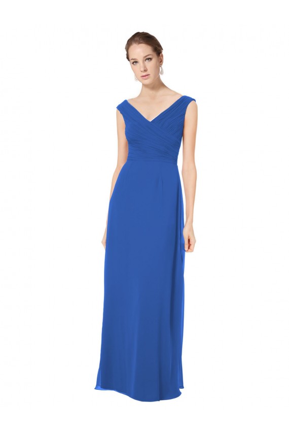 Bleu roi Trapèze Épaule Dénudée Col V Mousseline Longue Robes demoiselle d'honneur à Bas Prix