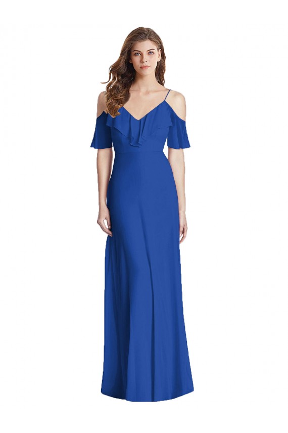 Bleu roi Trompette Bretelles spaghetti Col V Mousseline Longue Robes demoiselle d'honneur à Bas Prix