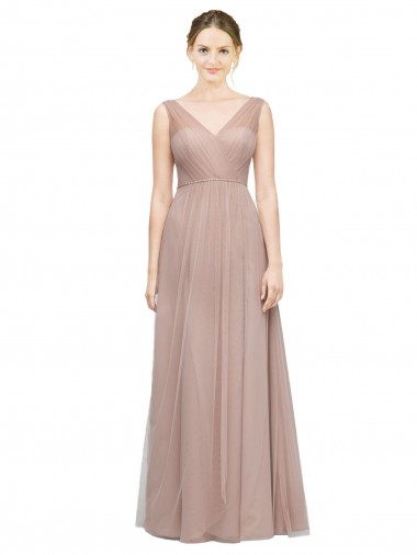 Blush Trapèze Col V Tulle Longue Robes demoiselle d'honneur à Bas Prix