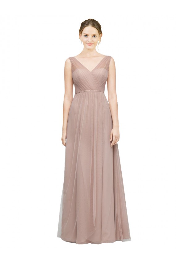 Blush Trapèze Col V Tulle Longue Robes demoiselle d'honneur à Bas Prix