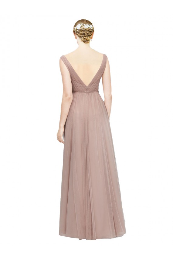 Blush Trapèze Col V Tulle Longue Robes demoiselle d'honneur à Bas Prix