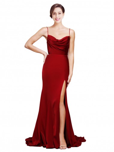Bordeaux Fourreau Bretelles spaghetti Balayage train Satiné Stretch Longue Formelles Robes demoiselle d'honneur / Robes de soirée / Robes de bal à Bas Prix