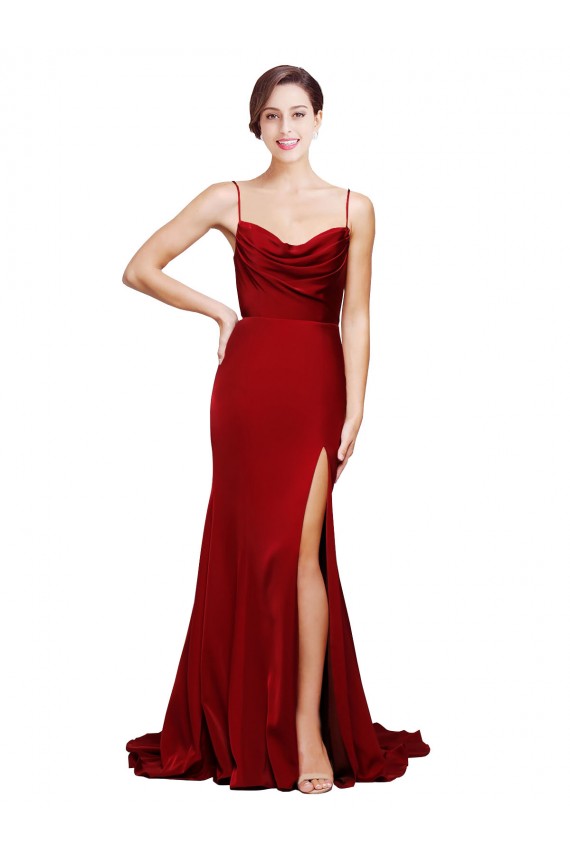 Bordeaux Fourreau Bretelles spaghetti Balayage train Satiné Stretch Longue Formelles Robes demoiselle d'honneur / Robes de soirée / Robes de bal à Bas Prix