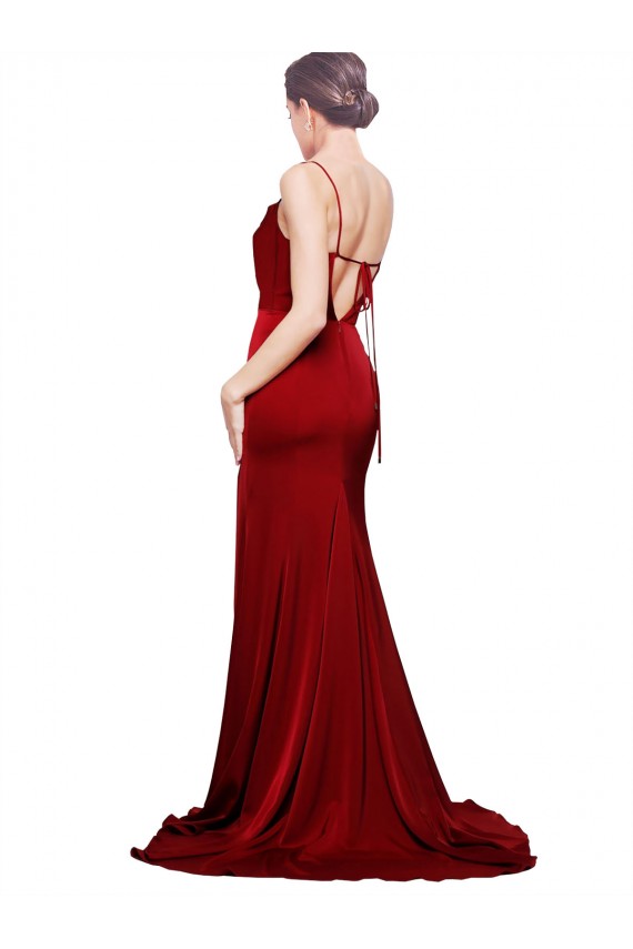 Bordeaux Fourreau Bretelles spaghetti Balayage train Satiné Stretch Longue Formelles Robes demoiselle d'honneur / Robes de soirée / Robes de bal à Bas Prix