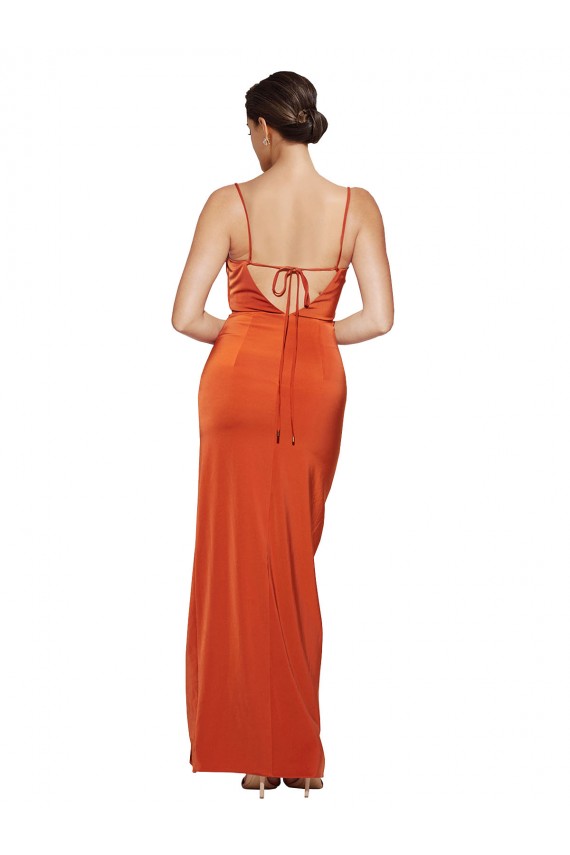 Rust Fourreau Bretelles spaghetti Balayage train Satiné Stretch Longue Formelles Robes demoiselle d'honneur / Robes de soirée / Robes de bal à Bas Prix