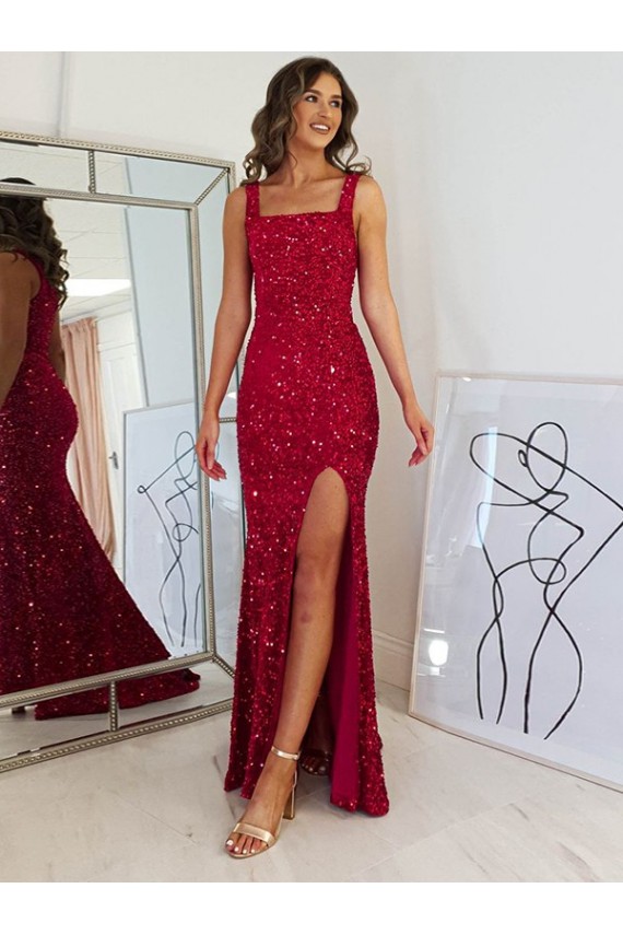 Bordeaux Fourreau Col Carré Paillettes Velours Longue Robes de bal à Bas Prix