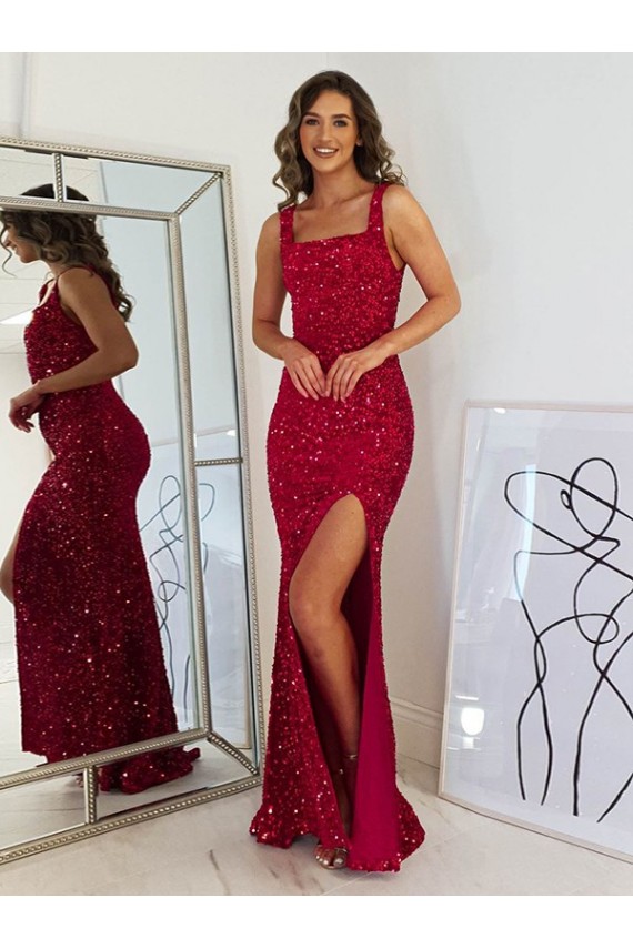 Bordeaux Fourreau Col Carré Paillettes Velours Longue Robes de bal à Bas Prix