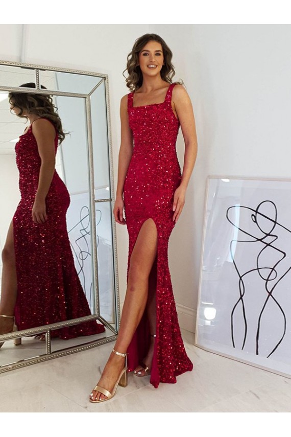 Bordeaux Fourreau Col Carré Paillettes Velours Longue Robes de bal à Bas Prix
