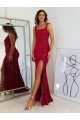 Bordeaux Fourreau Col Carré Paillettes Velours Longue Robes de bal à Bas Prix