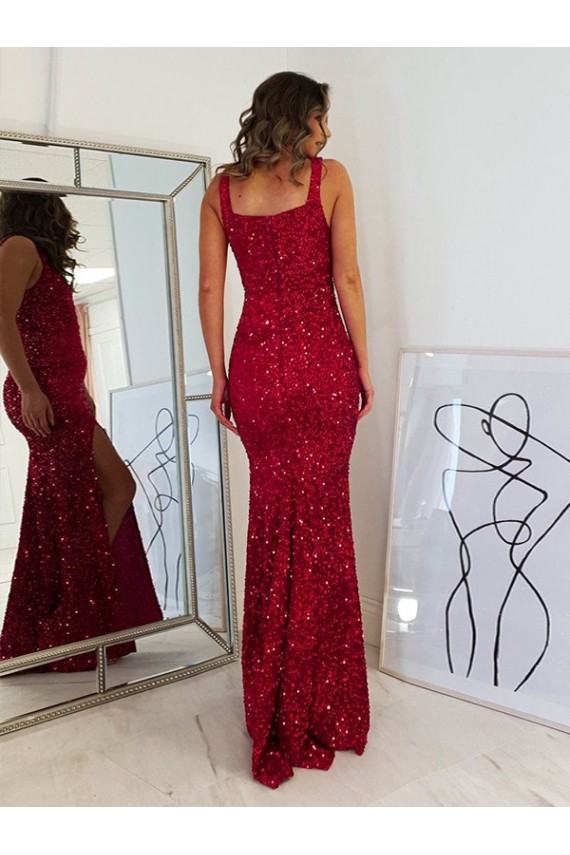 Bordeaux Fourreau Col Carré Paillettes Velours Longue Robes de bal à Bas Prix