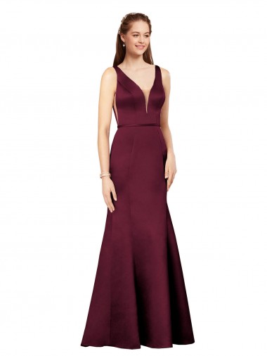 Bordeaux Fourreau Col V Satiné Longue Formelles Robes demoiselle d'honneur / Robes de soirée / Robes de bal à Bas Prix