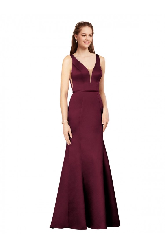 Bordeaux Fourreau Col V Satiné Longue Formelles Robes demoiselle d'honneur / Robes de soirée / Robes de bal à Bas Prix