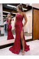 Bordeaux Sirène Balayage train Paillettes Velours Longue Robes de bal à Bas Prix