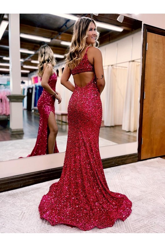 Bordeaux Sirène Balayage train Paillettes Velours Longue Robes de bal à Bas Prix