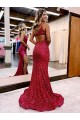 Bordeaux Sirène Balayage train Paillettes Velours Longue Robes de bal à Bas Prix