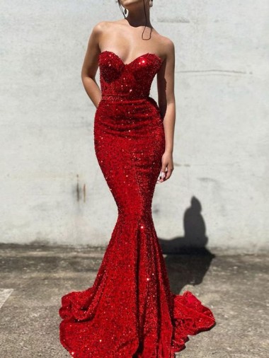 Bordeaux Sirène Traîne moyenne Paillettes Velours Longue Robes de bal à Bas Prix