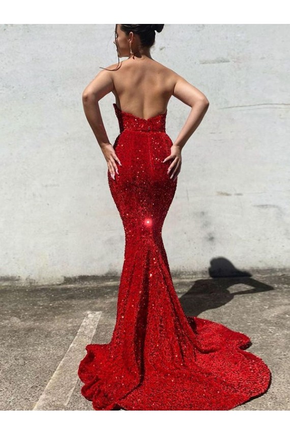 Bordeaux Sirène Traîne moyenne Paillettes Velours Longue Robes de bal à Bas Prix