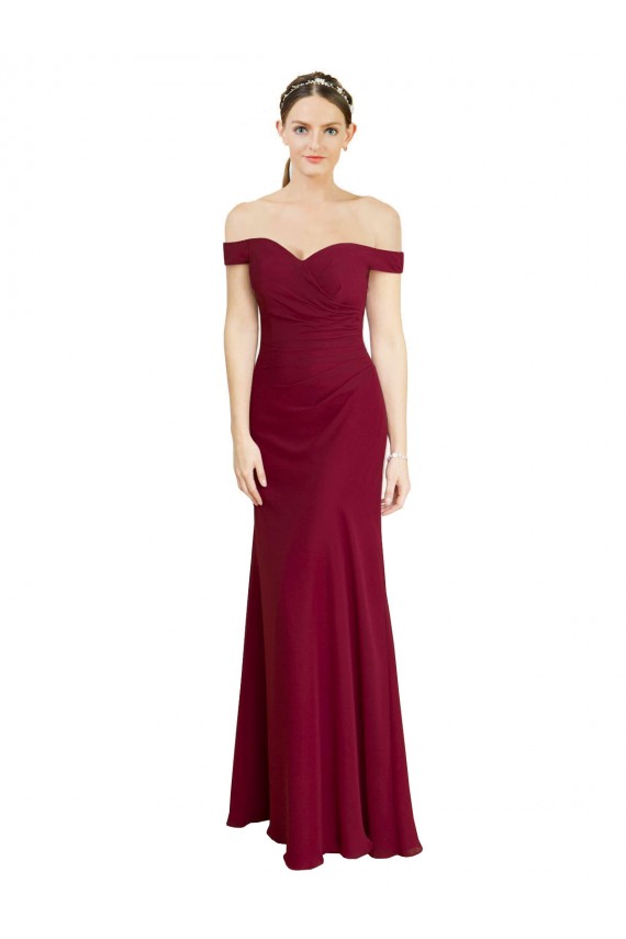 Bordeaux Sirène Épaule Dénudée Mousseline Longue Robes demoiselle d'honneur / Robes de bal à Bas Prix
